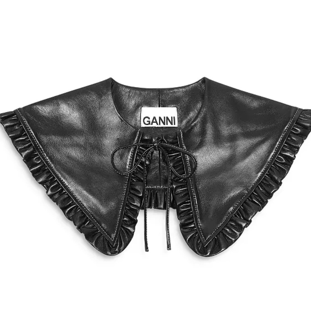 GANNI Black Detachable Leather Ruffled Tie Collar - Hello statement piece!